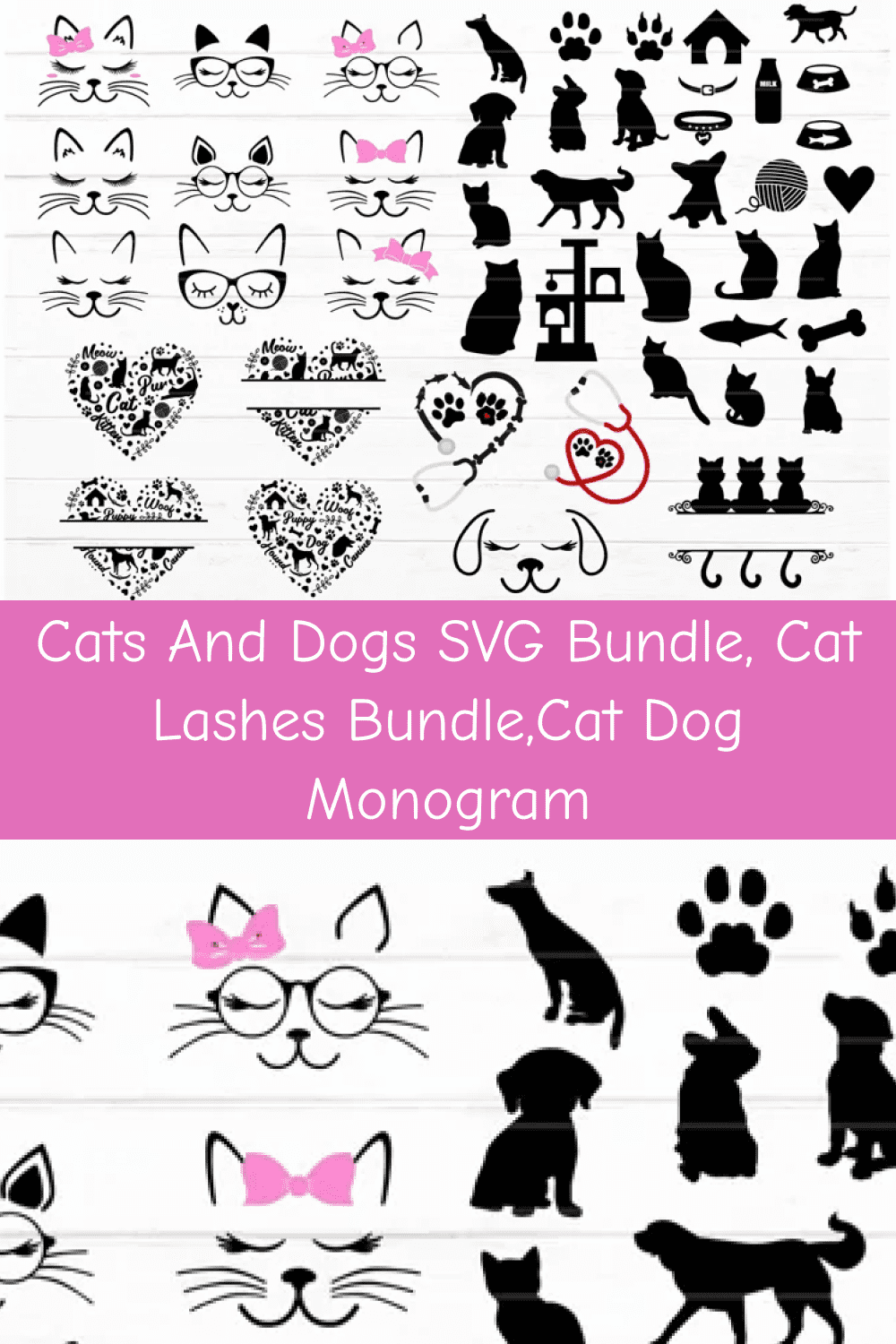 Cats and Dogs SVG Bundle, Cat Lashes Bundle, Cat Dog Monogram.