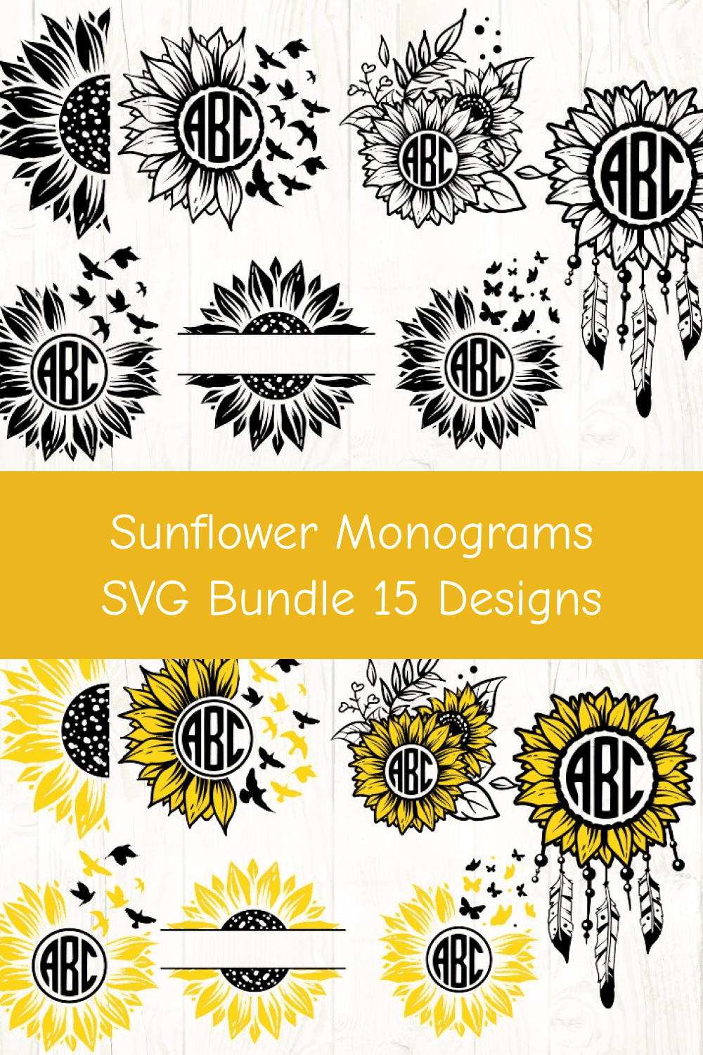 Sunflower Monograms SVG Bundle 15 Designs.