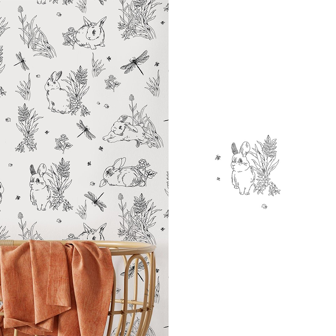 Black and white pattern with rabbits and plants