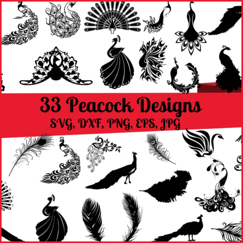 Large collection of black and white peacocks.