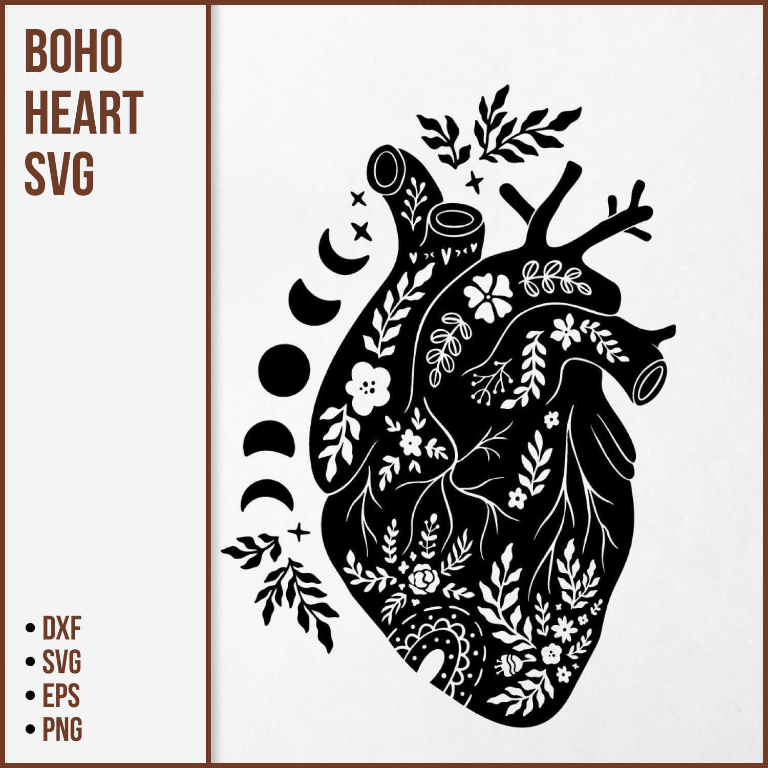 Boho Heart SVG, Floral heart silhouette SVG, Moon phases SVG.