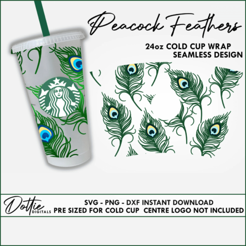 Starbucks cup with peacock feathers on it.