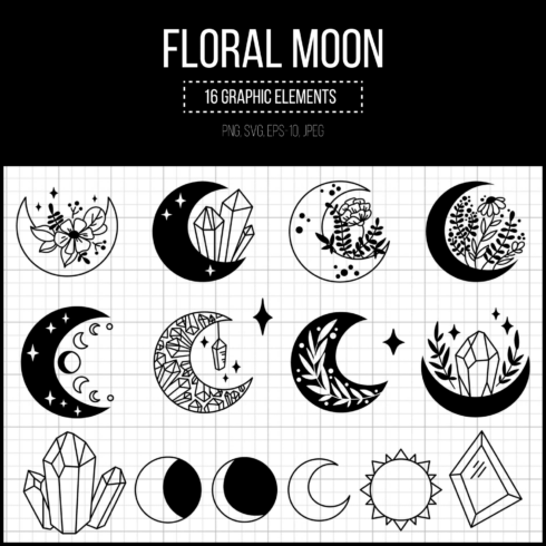 Floral Moon SVG, Boho Crystal Moon clipart.