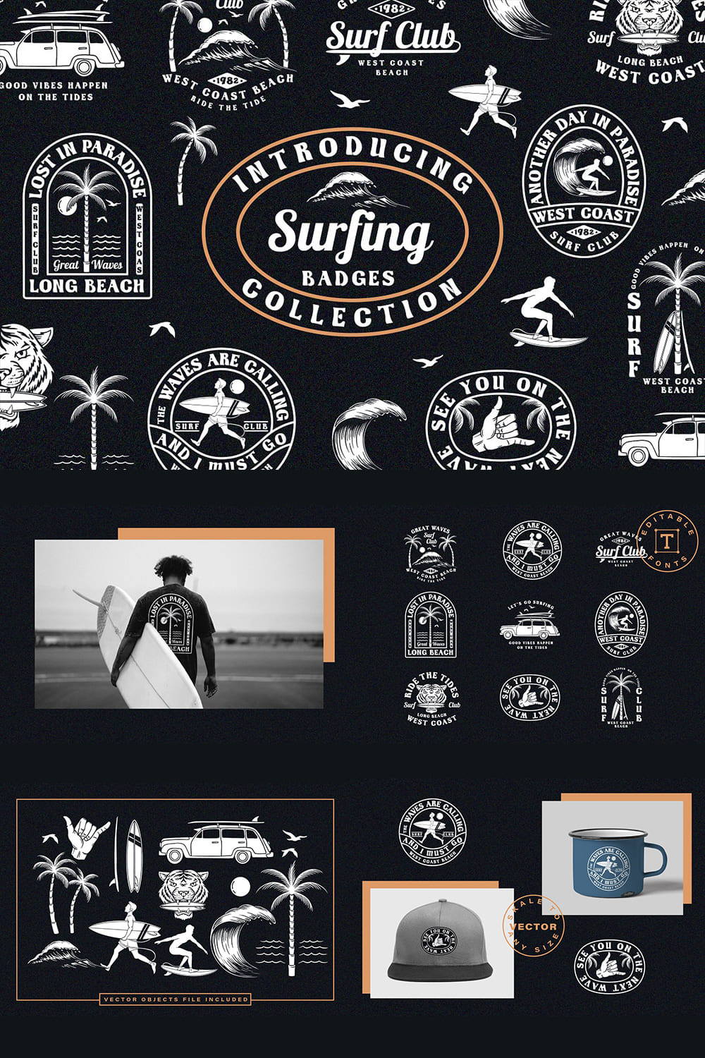 Black surfing badges collection.