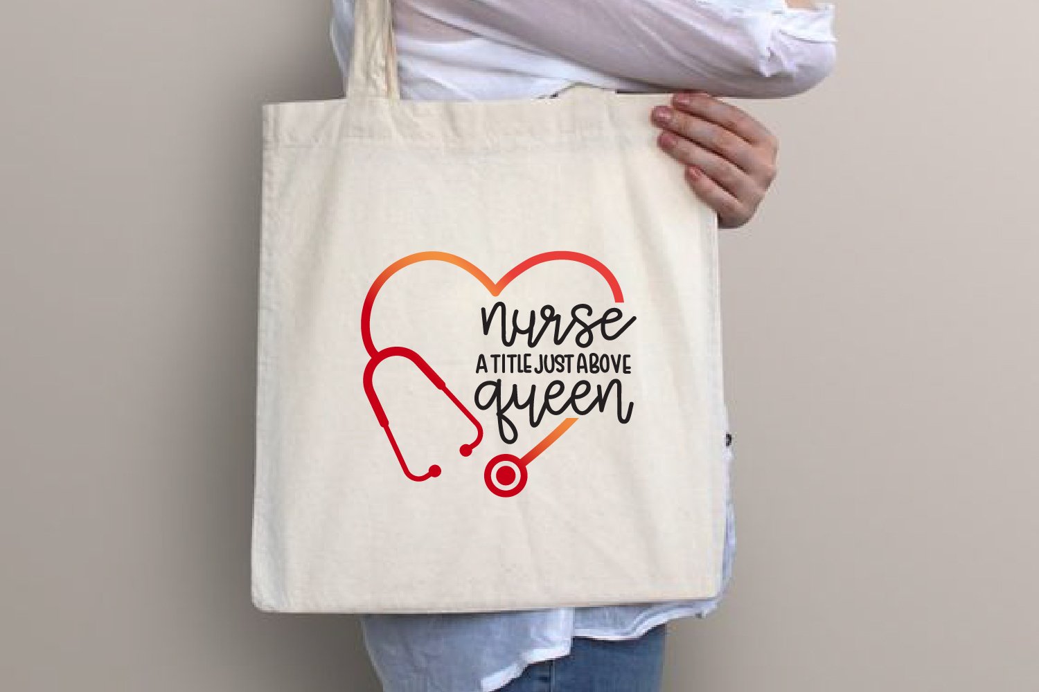 Beige eco bag with nurse tool illustration.