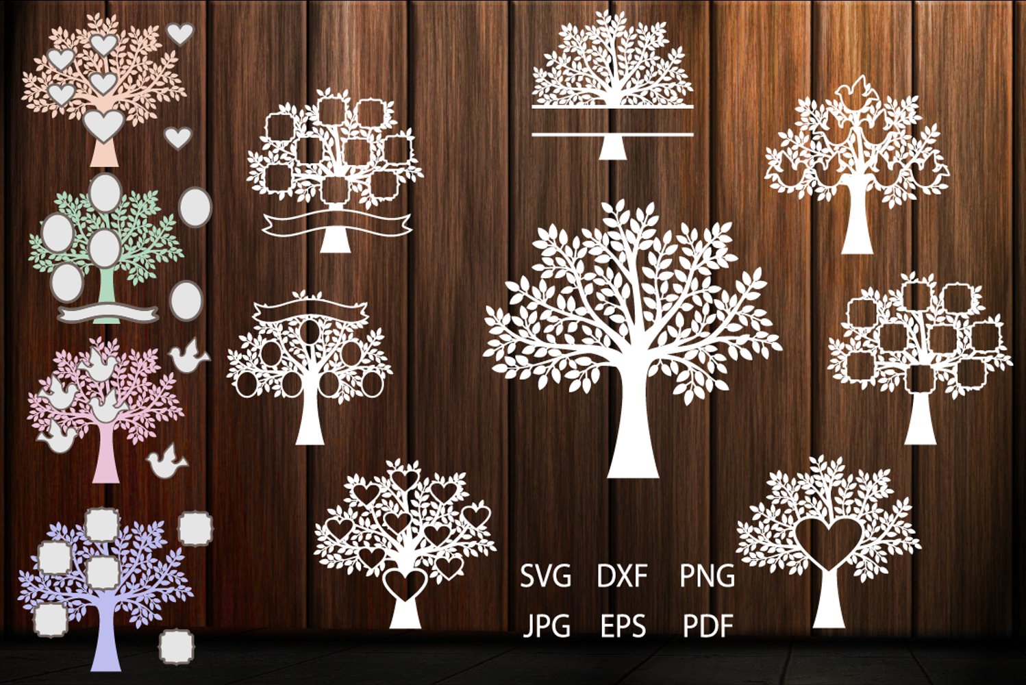 Family Trees in white color on brown background.