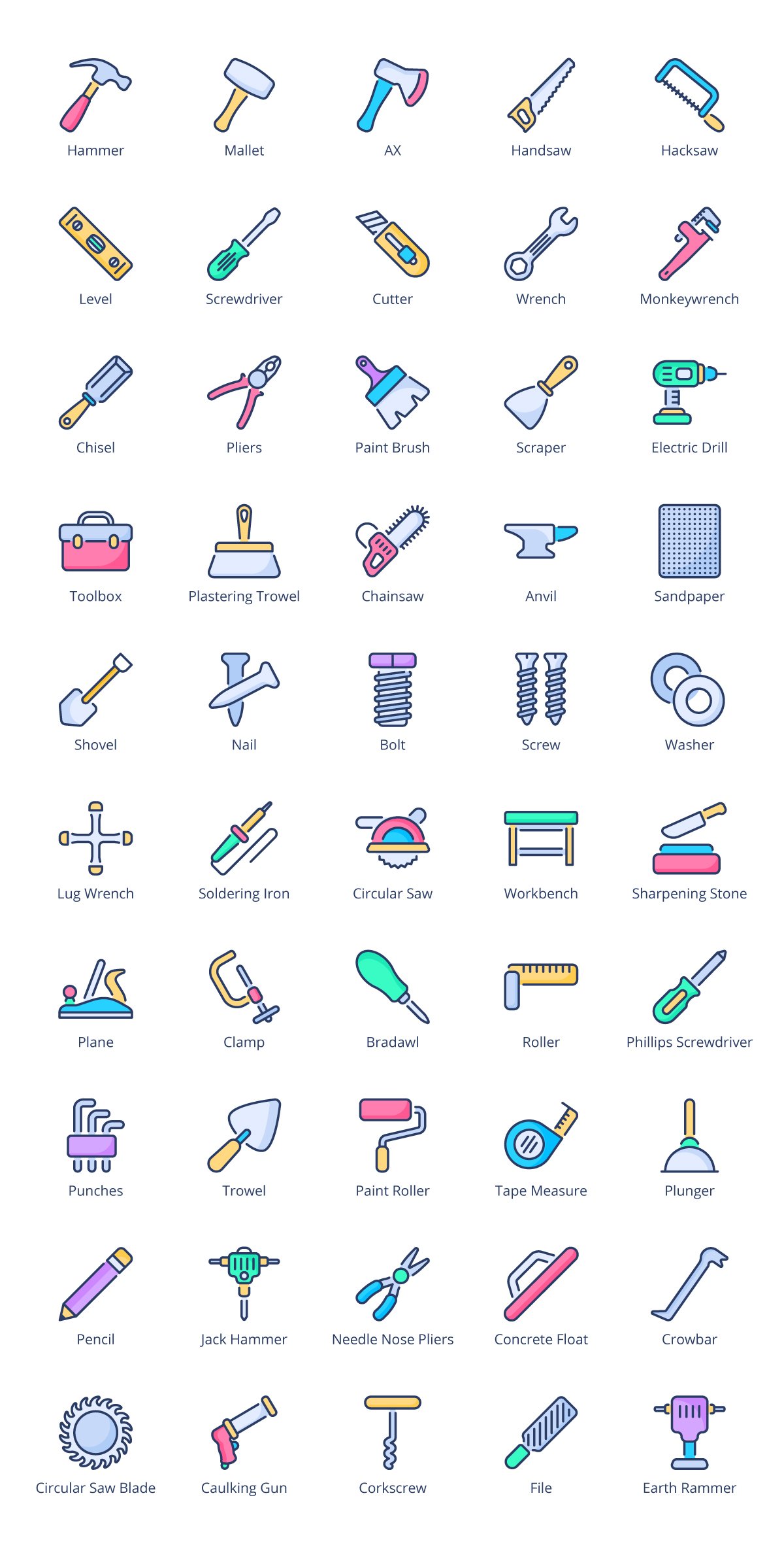 Soft color palette with icons.