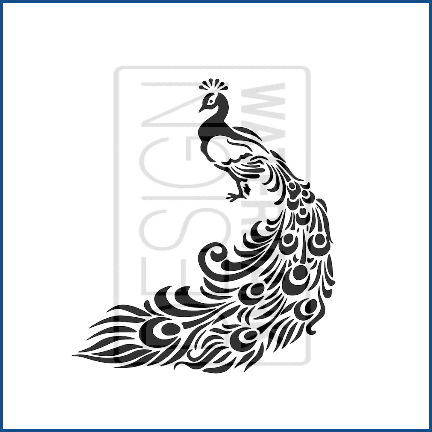 Black and white drawing of a peacock.