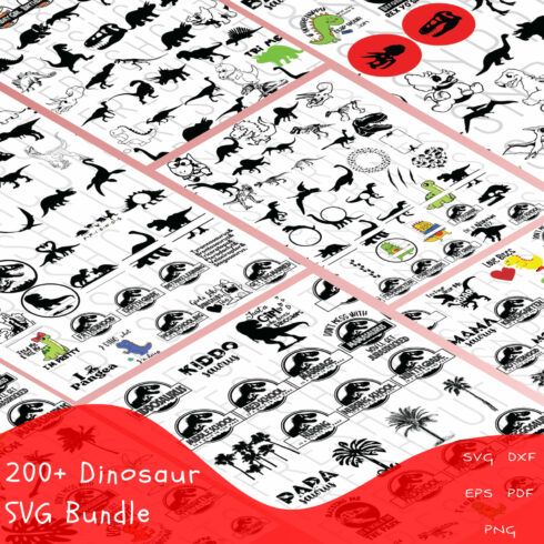 The dinosaur svg bundle is shown in black and white.
