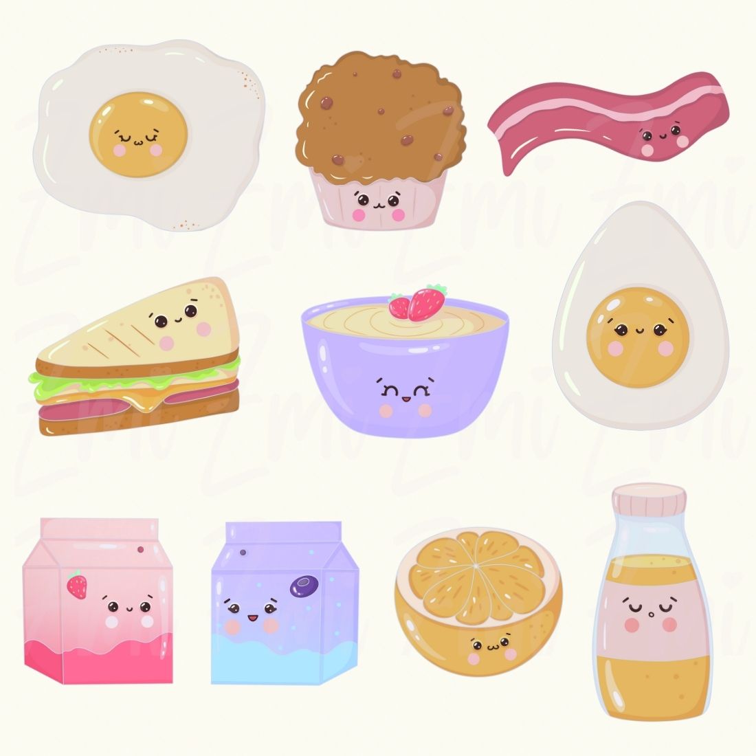 Kawaii Breakfast Cute Food Illustrations Clipart.