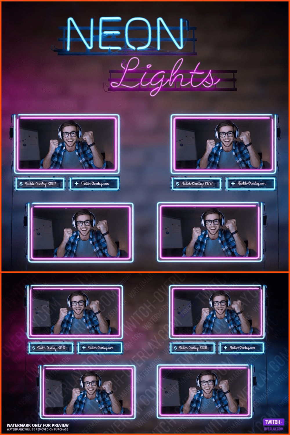 The Neon Light webcam overlay bundle, with its glourious night club vibe, will make your Twitch, YouTube or Facebook stream a real Highlight.