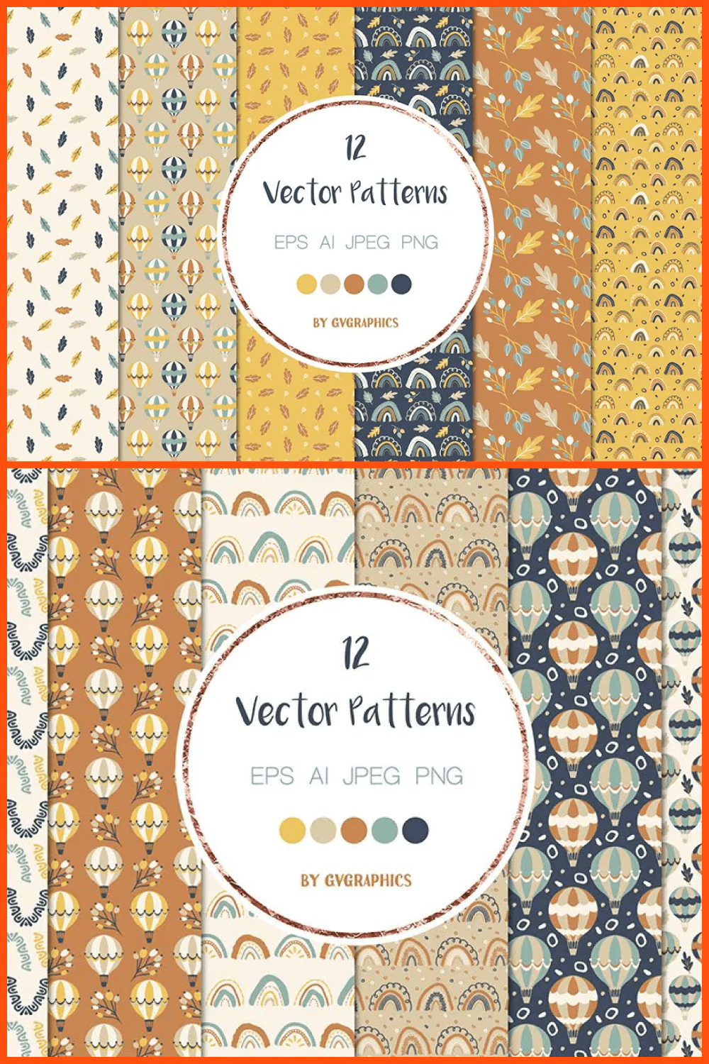 Autumn Air Balloons, Rainbows and Leaves Vector Patterns and Seamless Tiles.