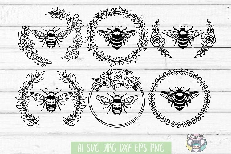 Bee SVG, Floral Wreath SVG - Example in good minimalistic style.