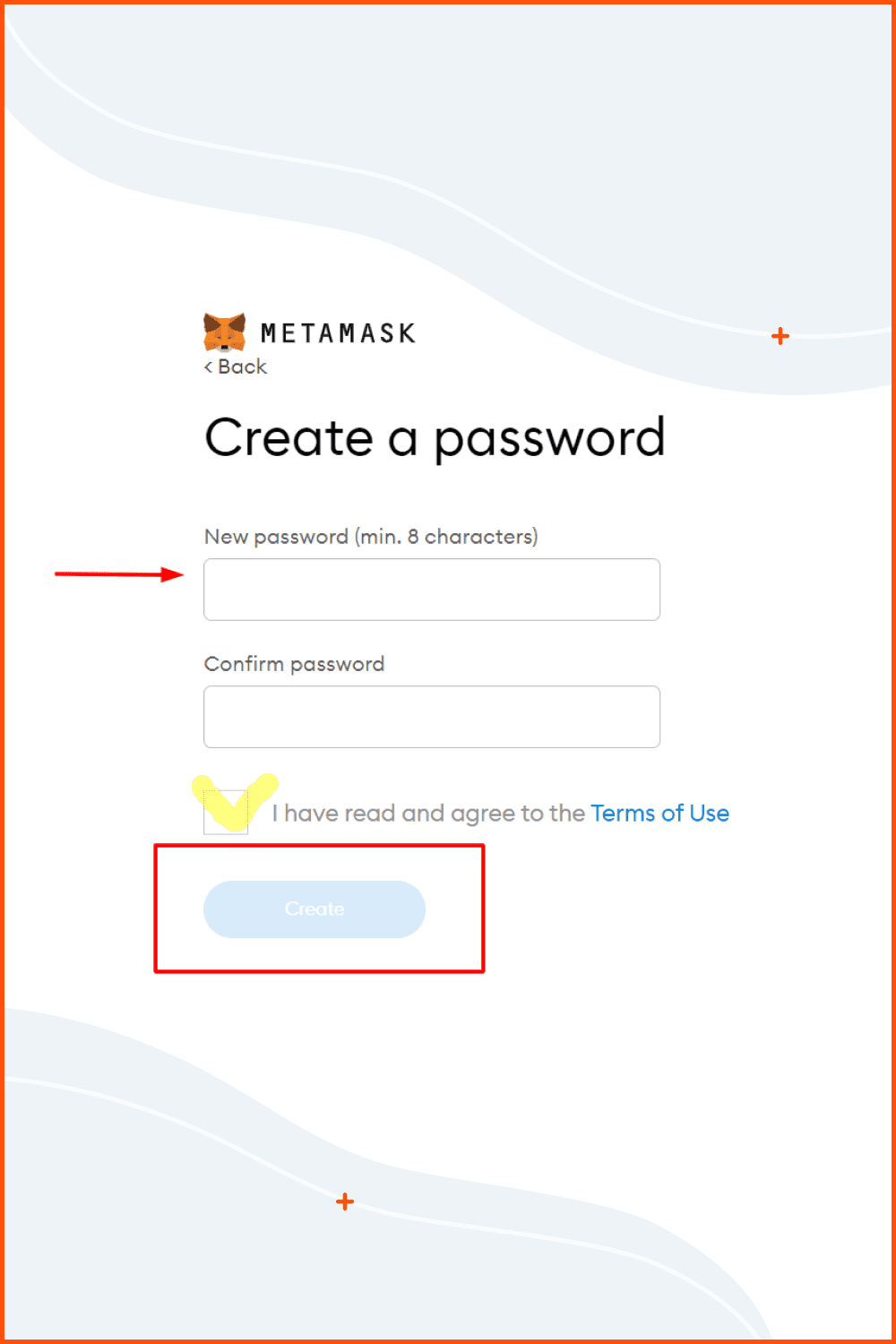 Create a password and agree to the terms and conditions of the service after you read them.