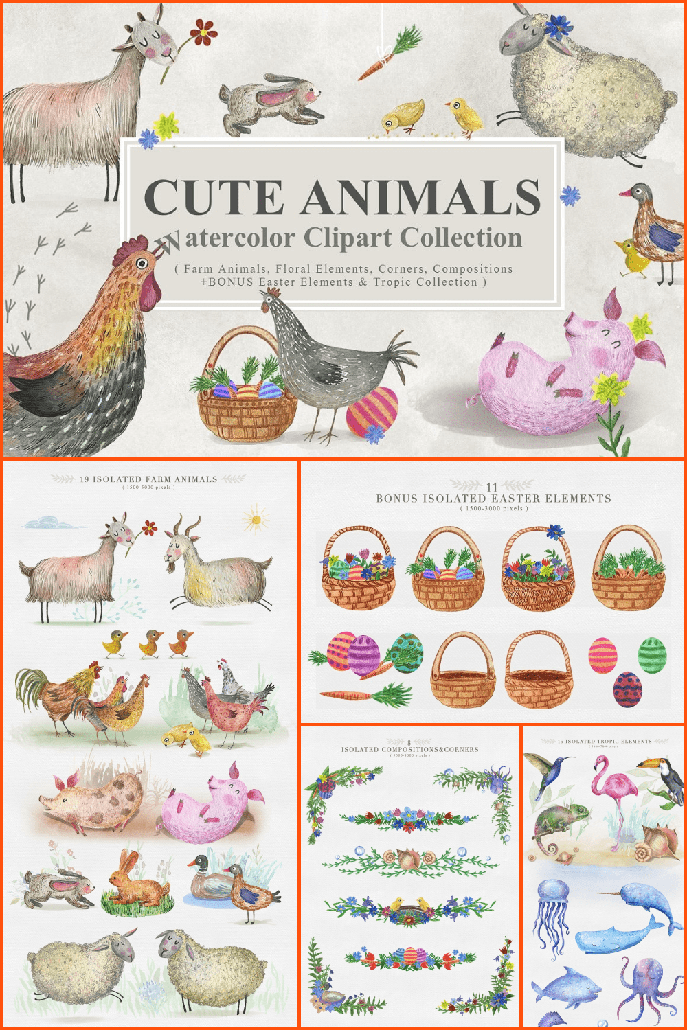 Easter Animals Watercolor Collection.