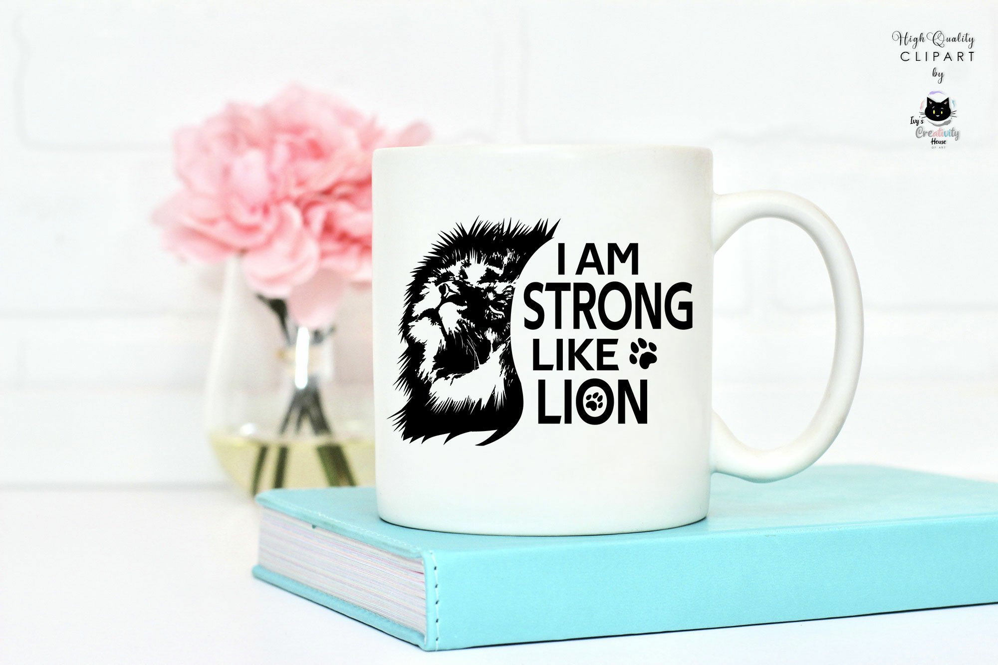 White cup with black lion.