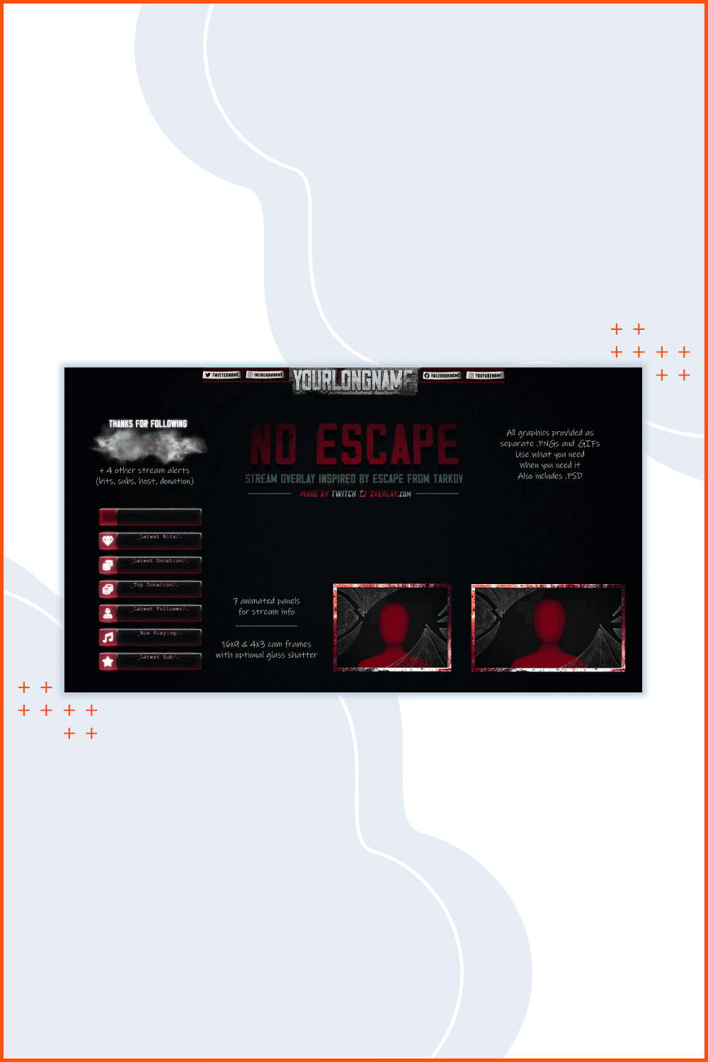 No Escape is an Escape from Tarkov Twitch overlay inspired by the look of the game. For use with OBS, xSplit, and Streamlabs on all the major stream platforms.