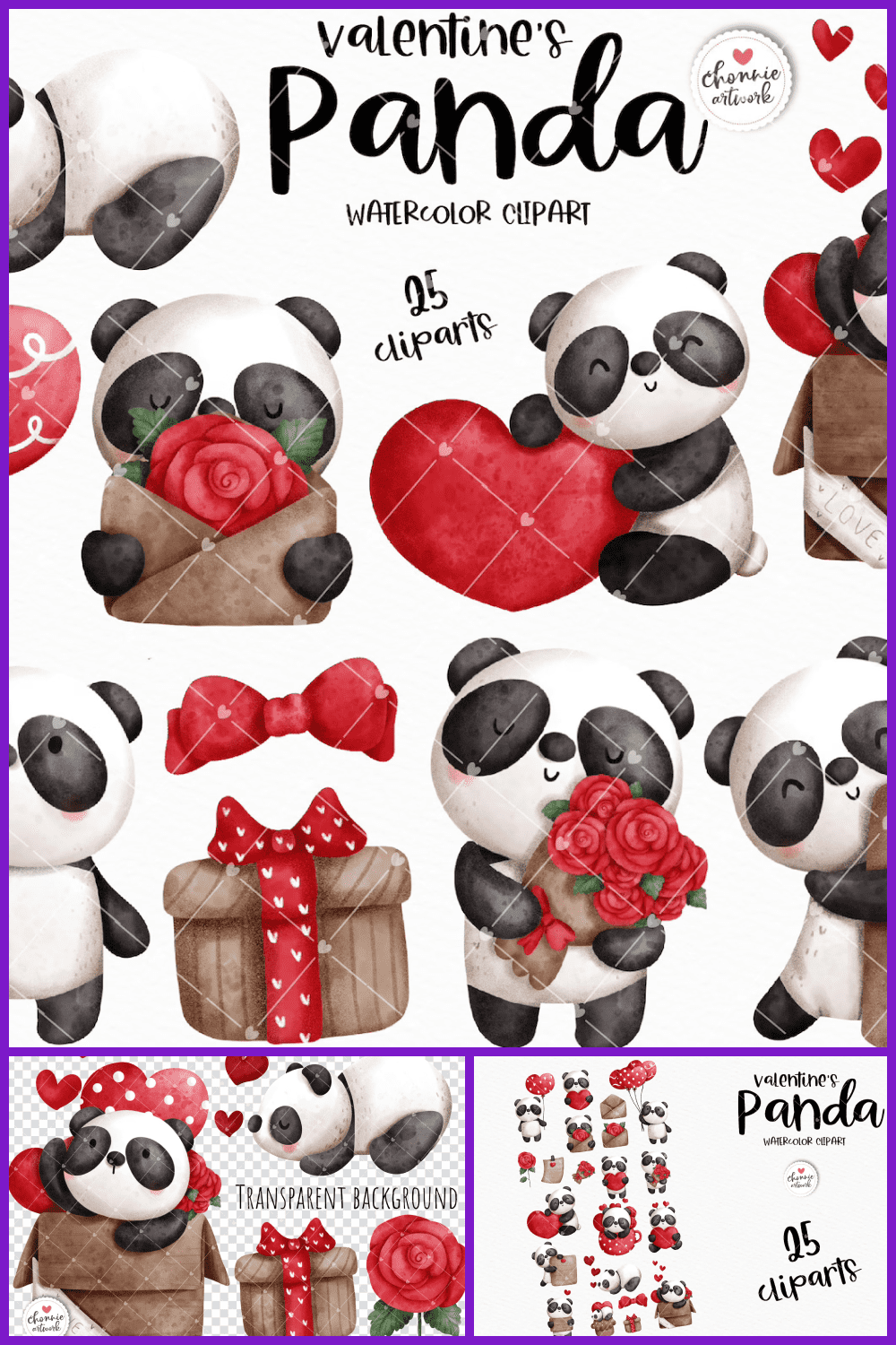 Valentine’s Panda Watercolor Clipart.
