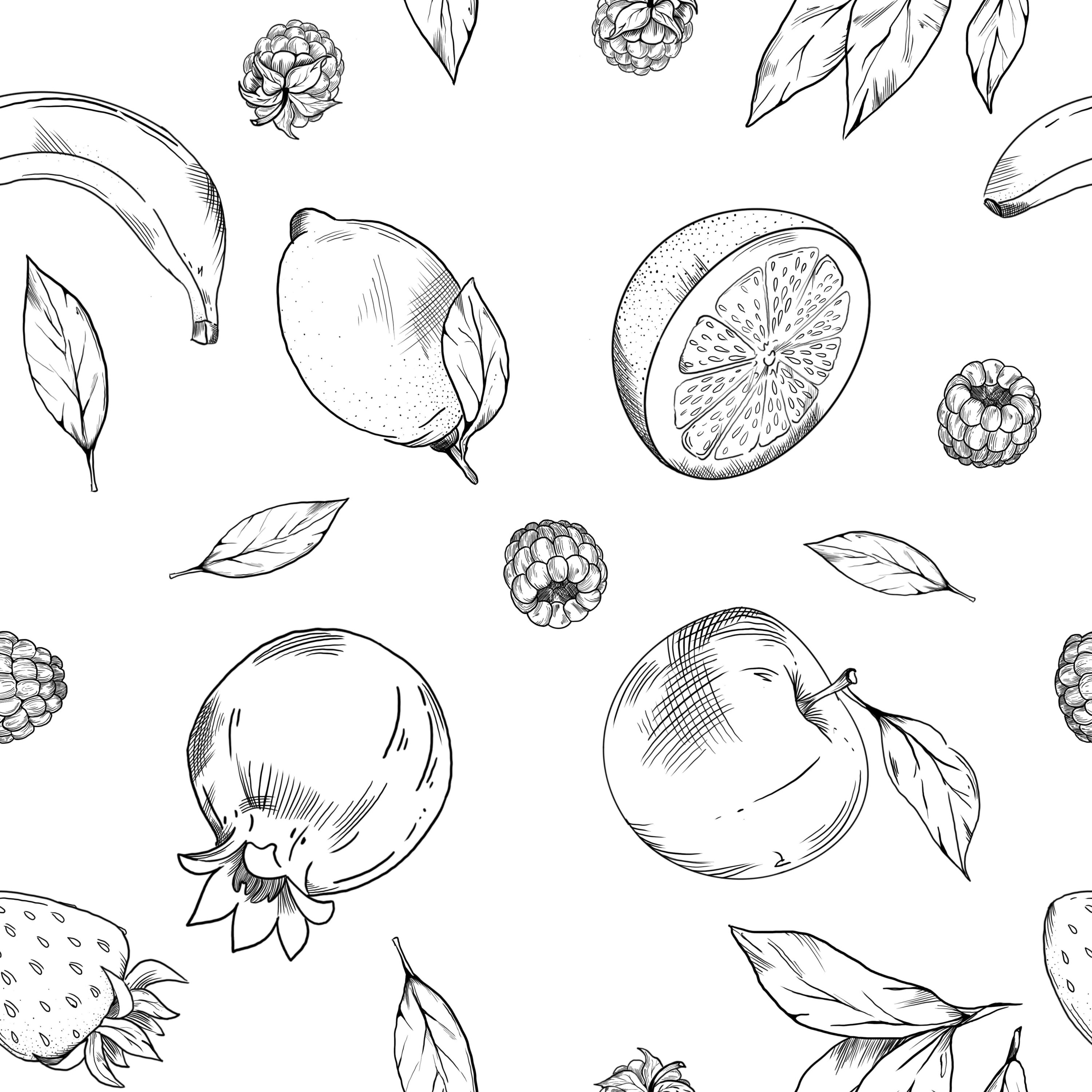 Black and White Pattern Vegetables and Fruits