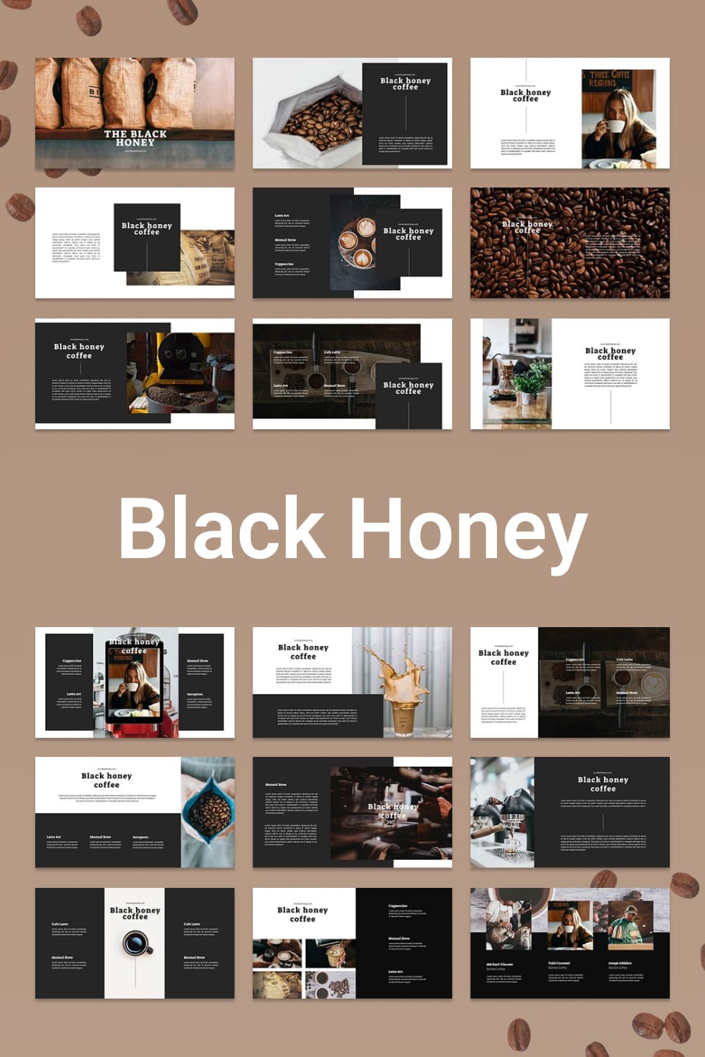 Collage of presentation pages with images of coffee beans, a girl with a cup, white and black backgrounds.