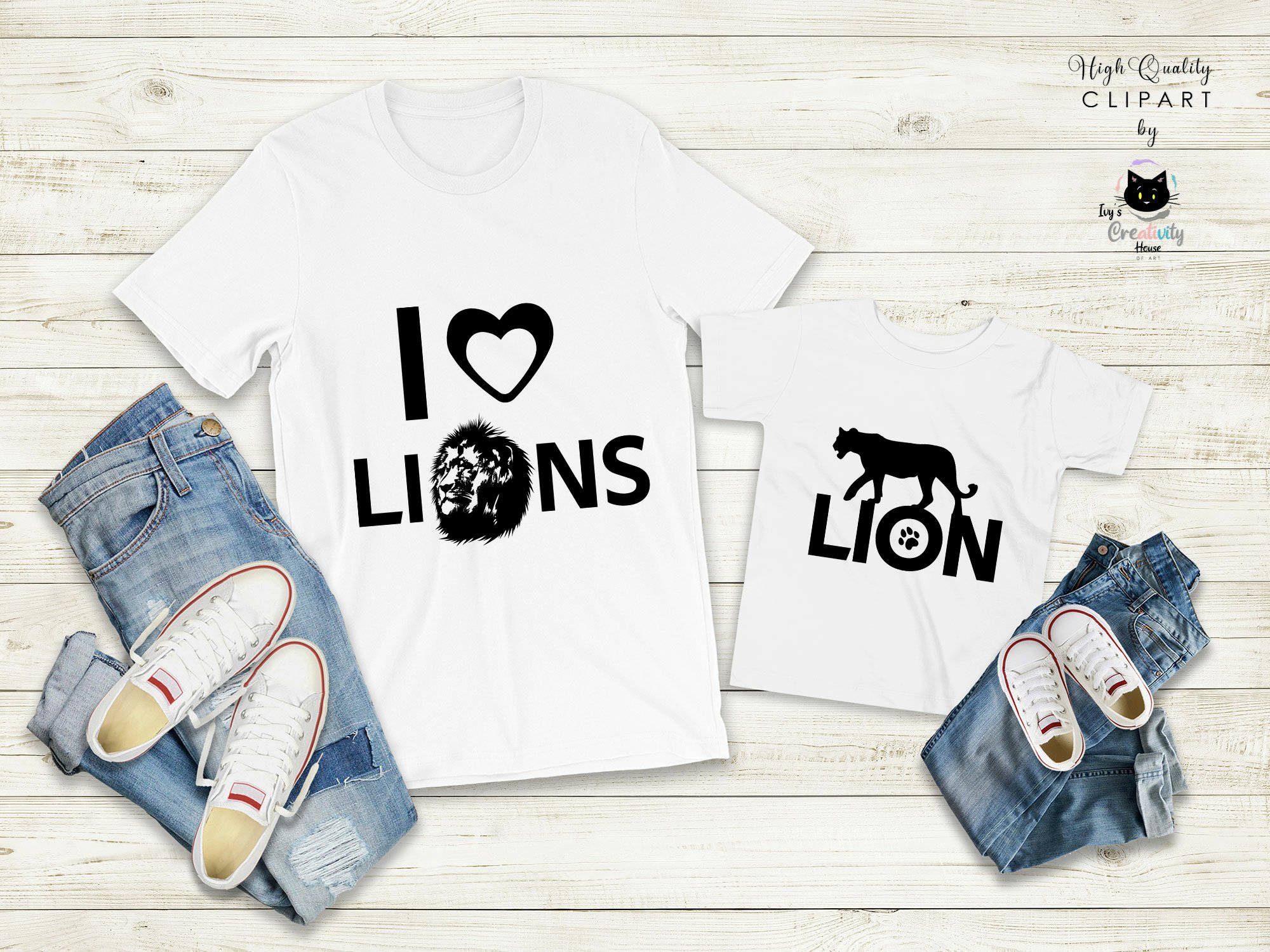 White t-shirt with black lions.