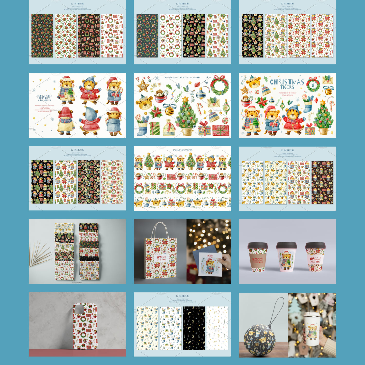 Christmas tigers. New Year cute set. cover.