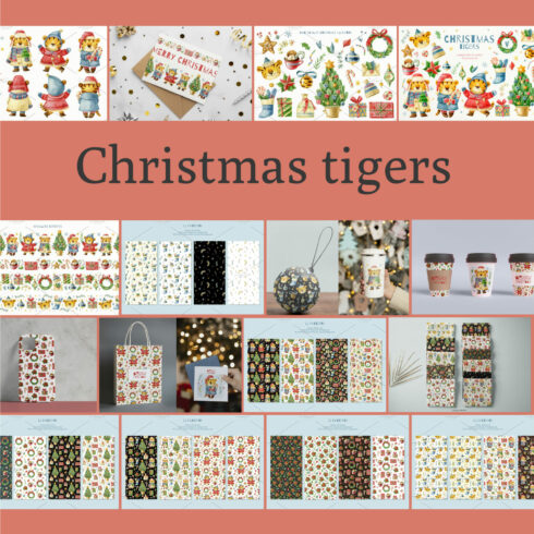 Christmas tigers. New Year cute set.