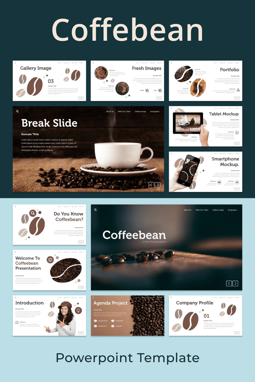 Collage of presentation pages with large images of coffee beans.