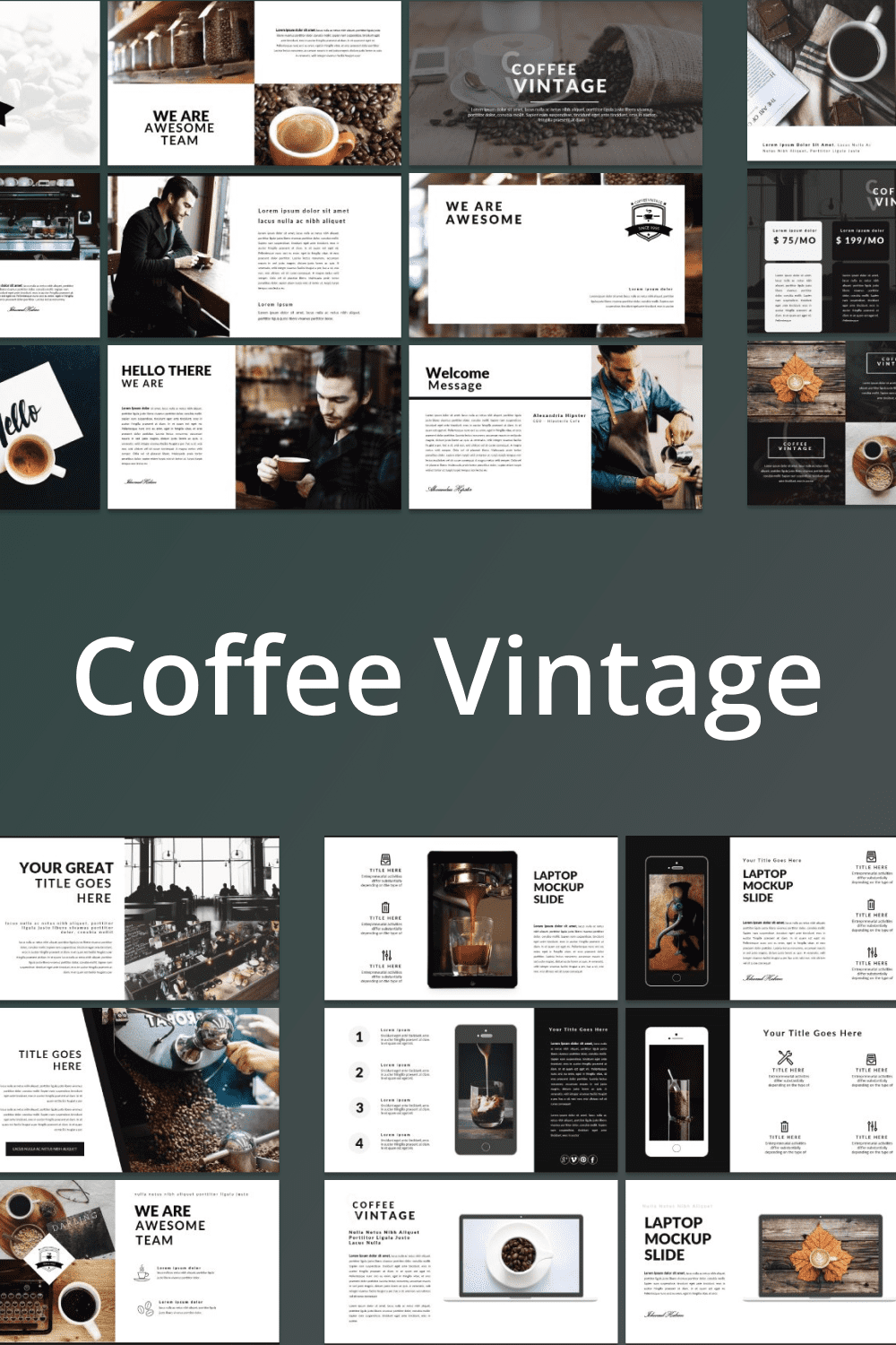 Presentation pages with coffee in a glass, coffee machines, baristas, and maps with a coffee beans.