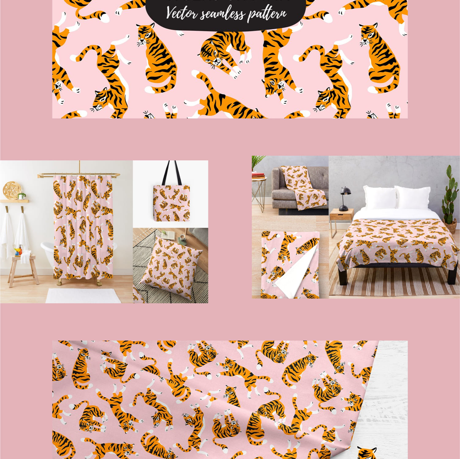 Cute tigers on pink seamless pattern cover.