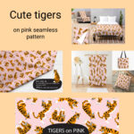 Cute tigers on pink seamless pattern.
