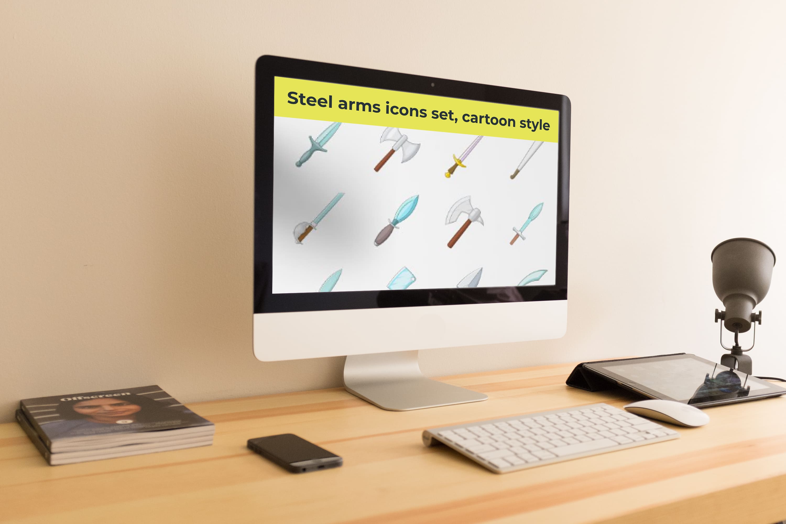 Desktop option of the Steel arms icons set, cartoon style.