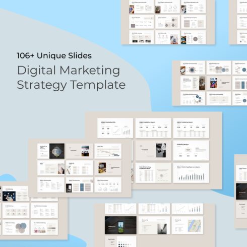This digital marketing strategy PowerPoint template contains 106 useful slides for digital marketing strategies.