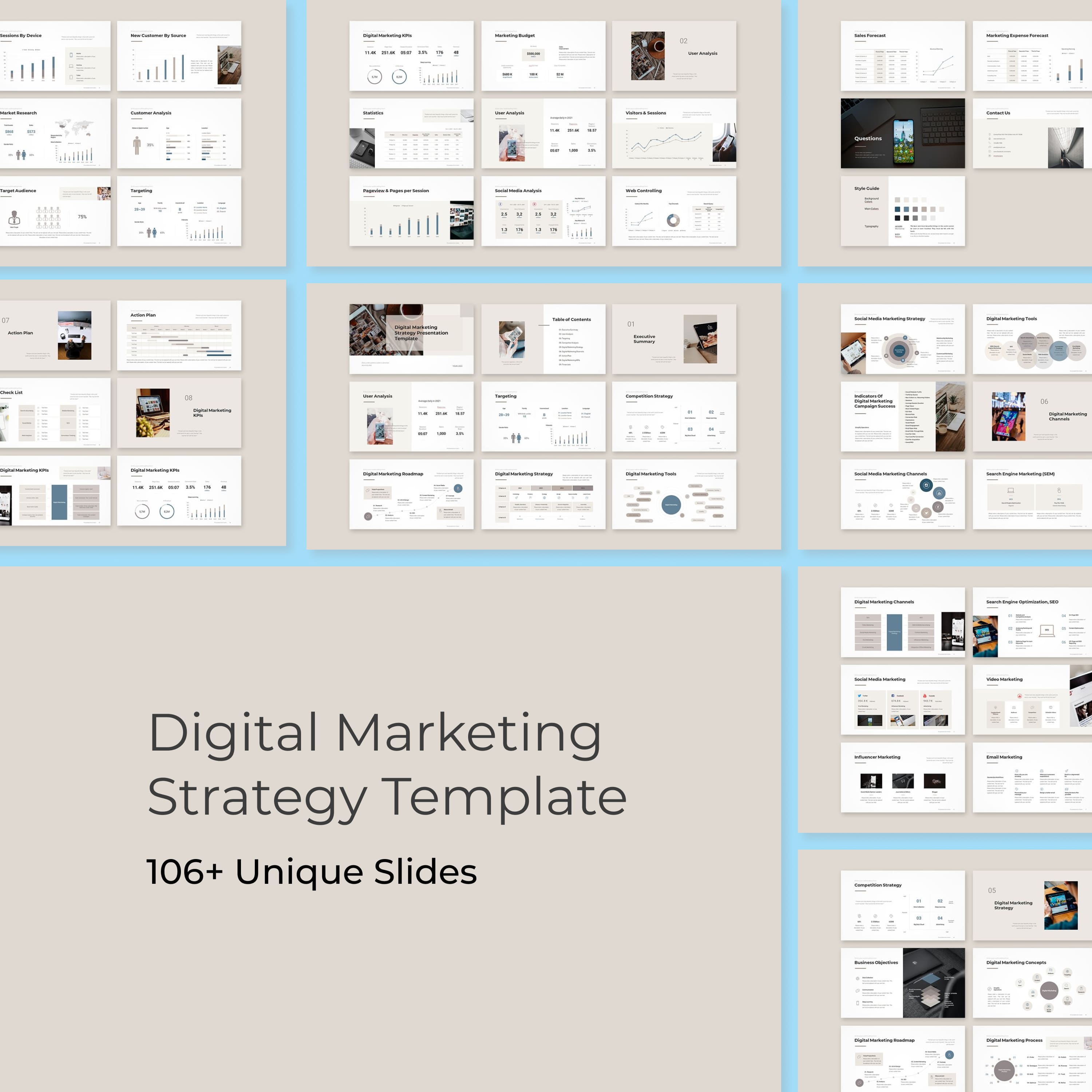 You can use this template for processes such as user analysis, targeting, SEO, content marketing, social media marketing, video marketing, viral marketing, influencer marketing, email marketing, KPIs, budget, and many more.