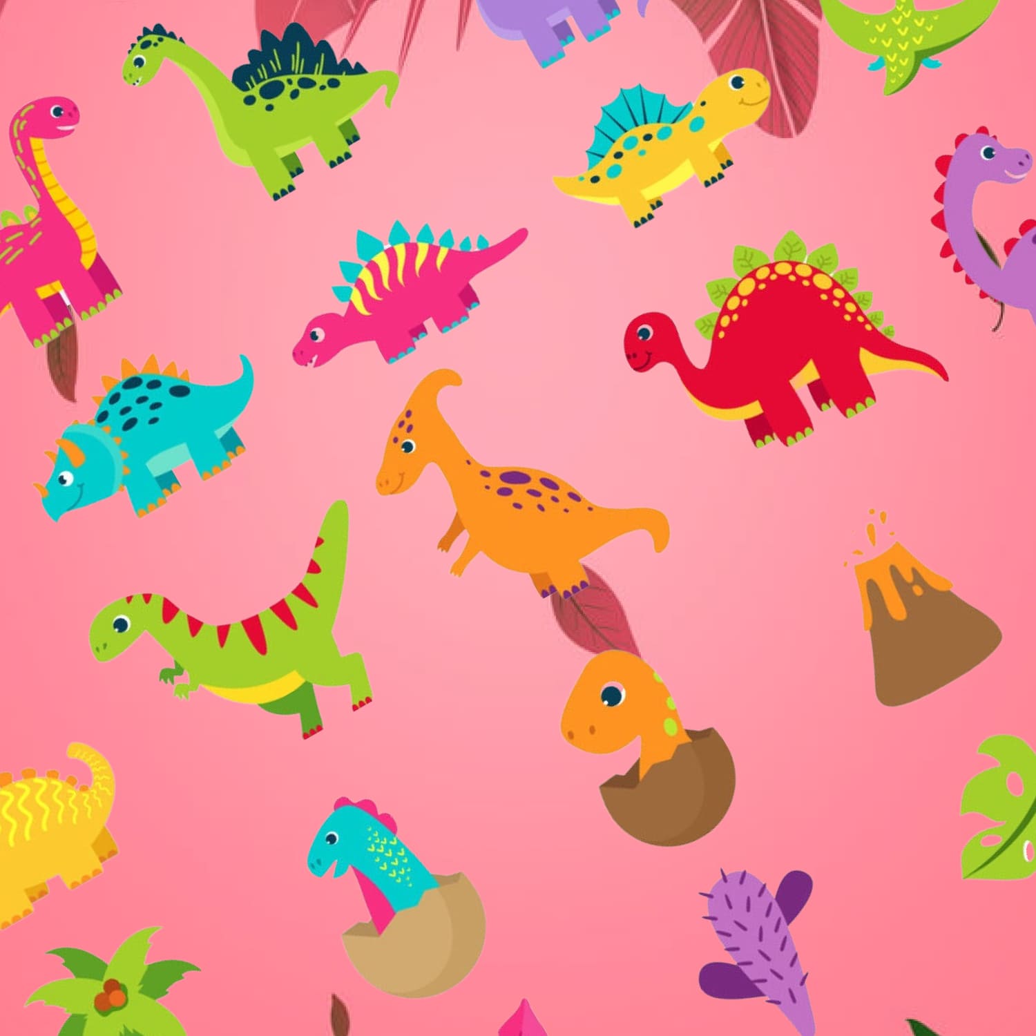 Group of colorful dinosaurs on a pink background.