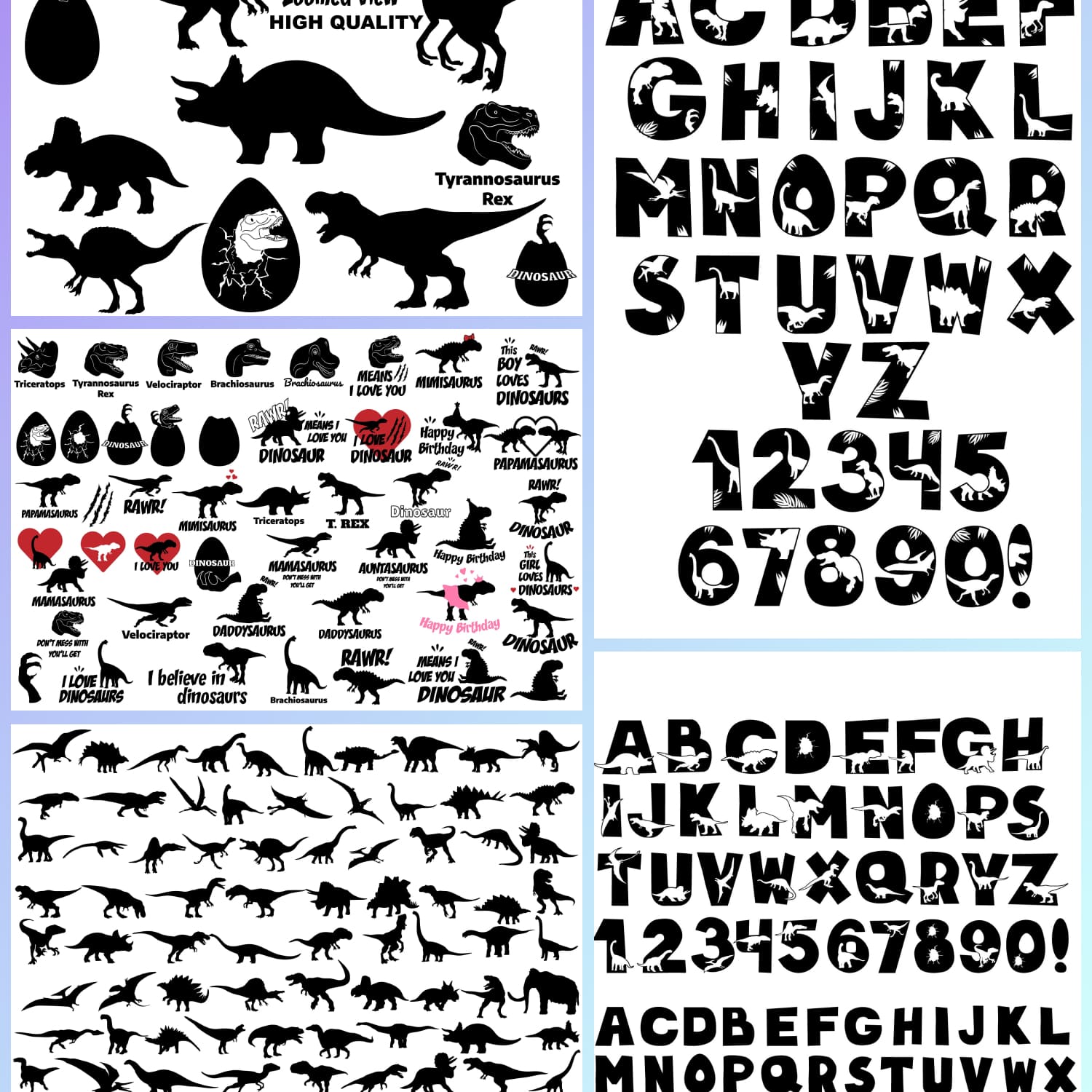Set of different font and numbers with dinosaurs on them.