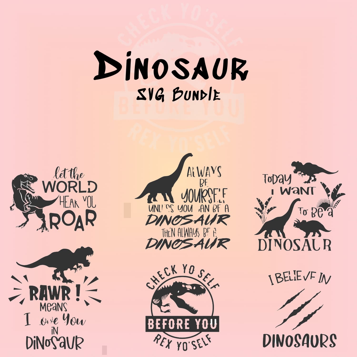 Set of dinosaur silhouettes on a pink background.