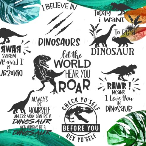 Poster with dinosaurs and words on it.