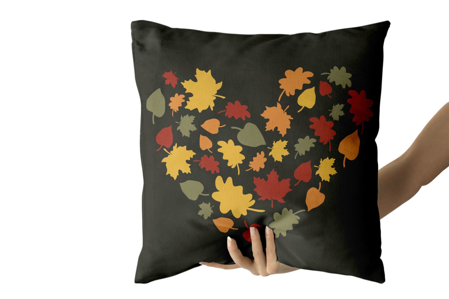 Black pillow with Falling leaves heart.