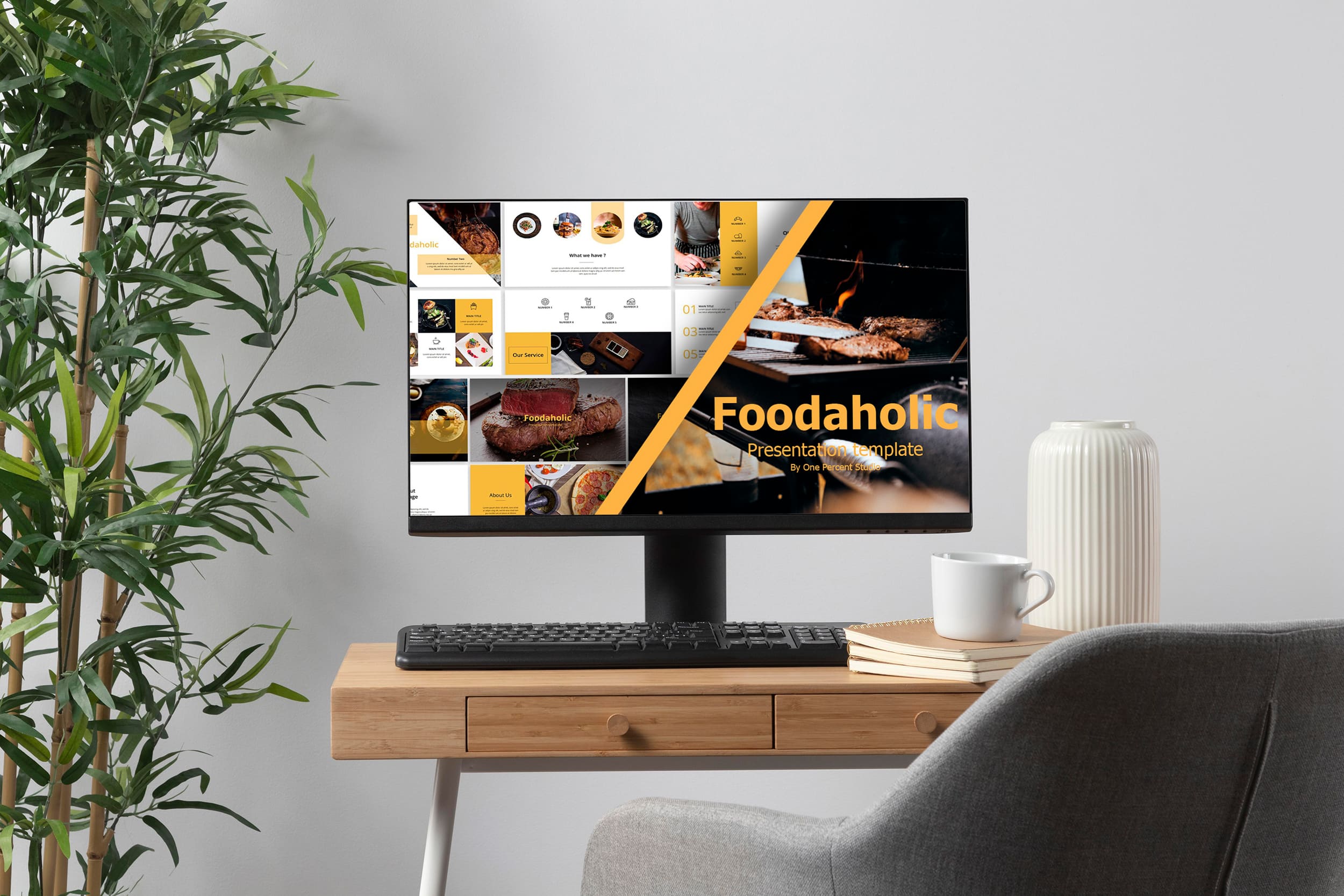 Foodaholic Creative Keynote Template - Mockup on Desktop.
