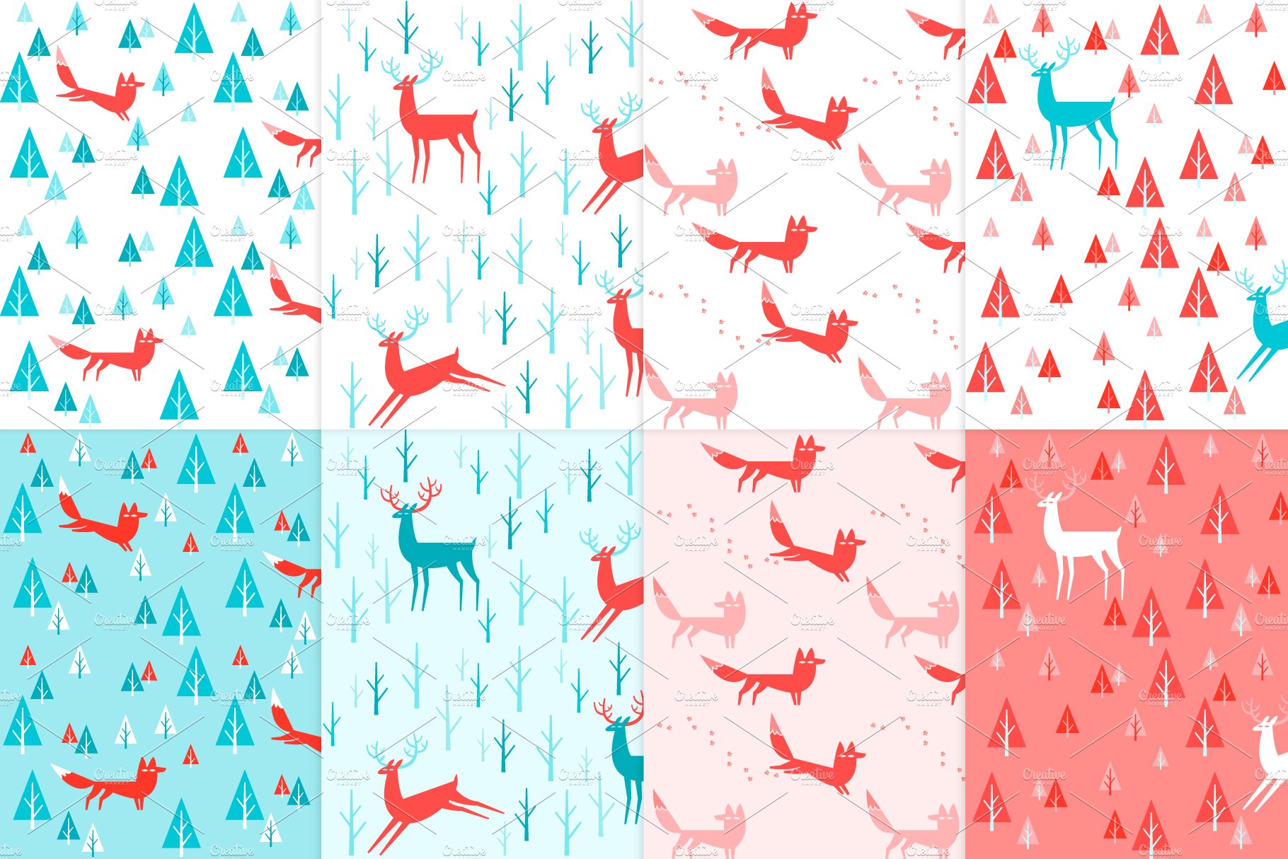8 Foxes and Deers Seamless Patterns.
