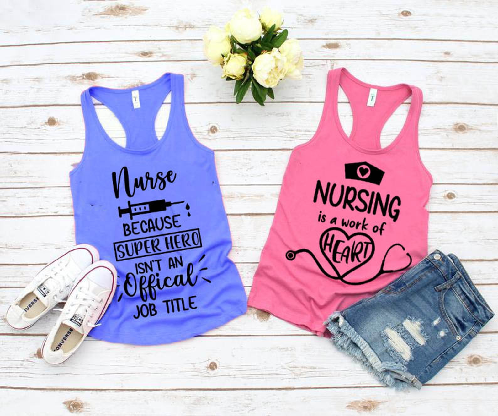 Two t-shirts with nurse illustration.