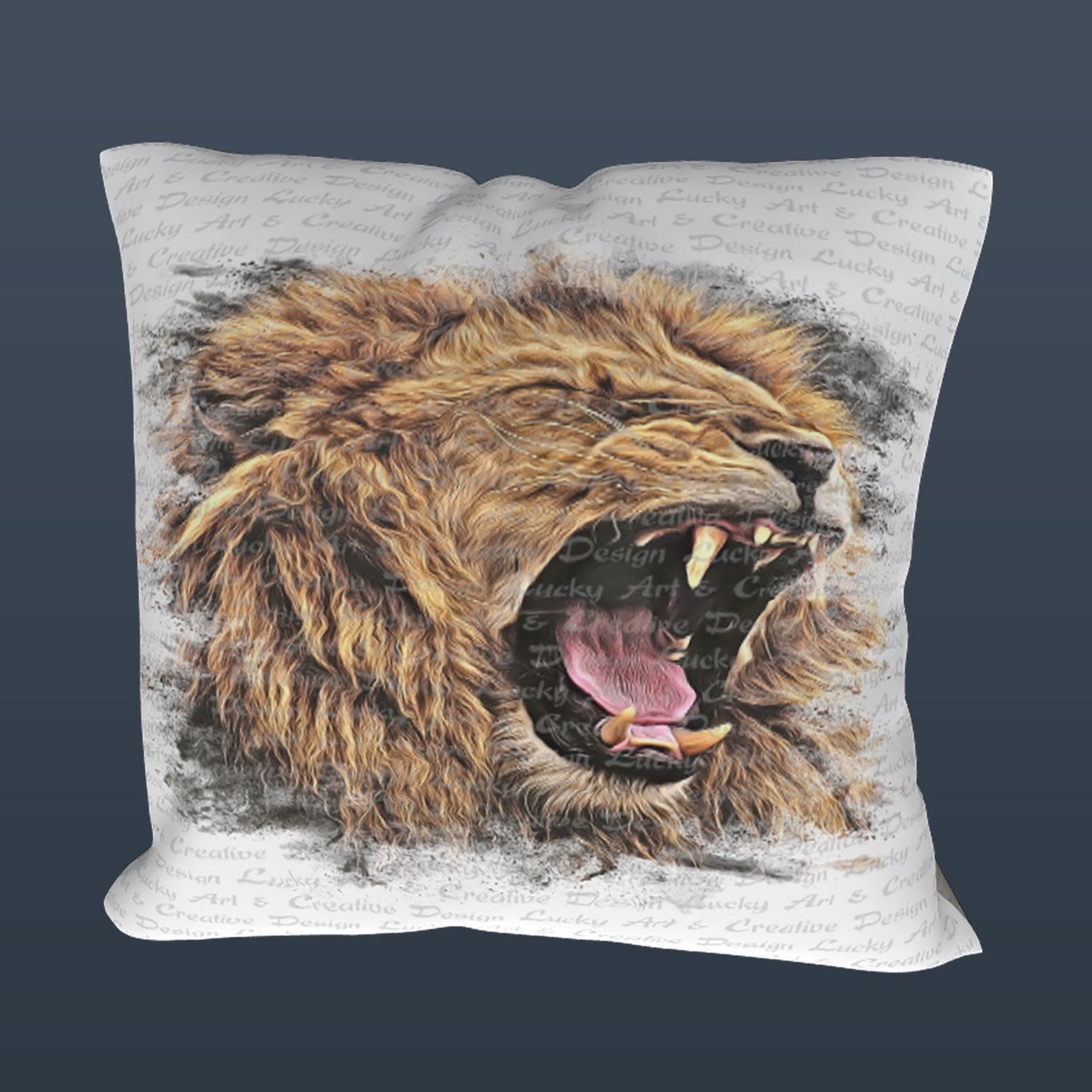 Angry lion on the pillow.