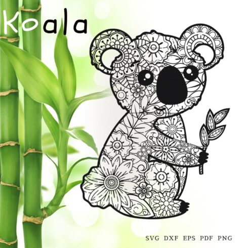Black and white koala with flowers on it.