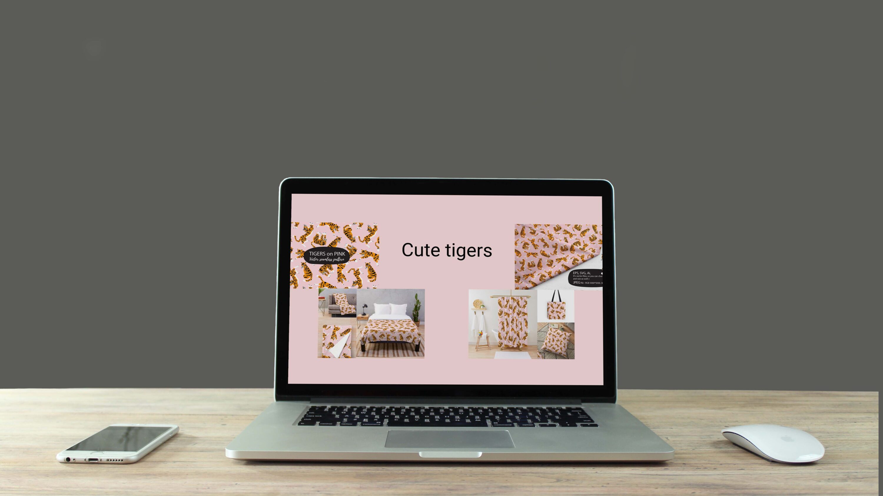 Cute tigers on pink seamless pattern - laptop.