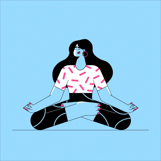 Drawn girl in lotus position on blue background.