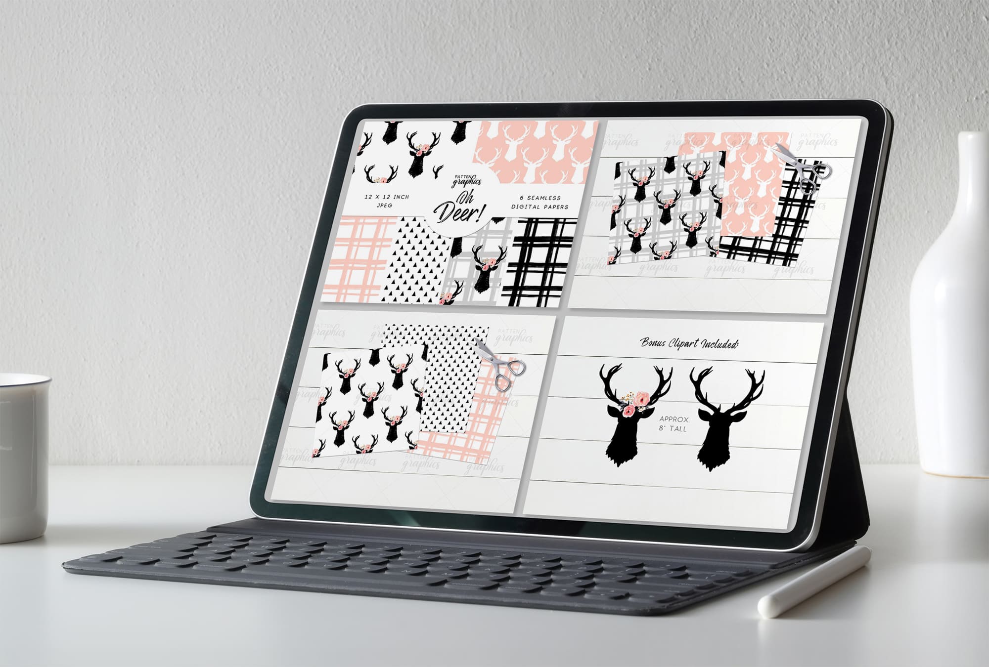 Deer Seamless Pattern, Pink Floral - laptop.