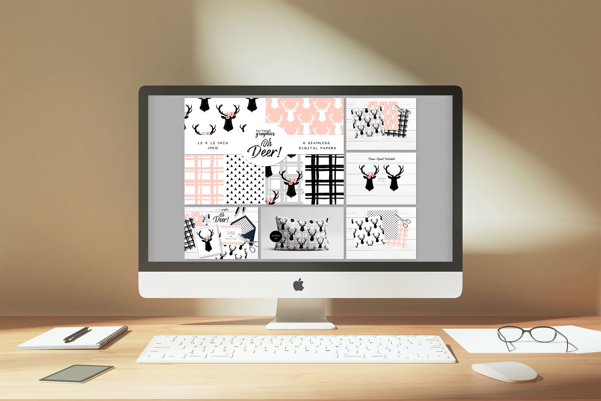 Deer Seamless Pattern, Pink Floral - desktop.