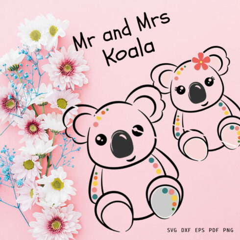 Pink background with a picture of a koala and a teddy bear.