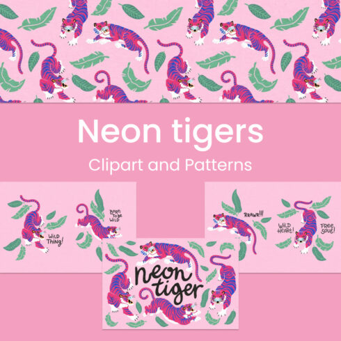 Neon tigers clipart and pattern.